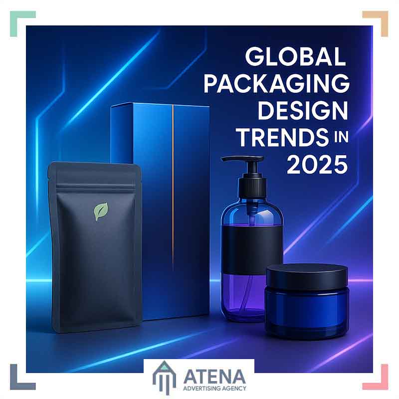 تصویر مفهومی ترندهای جهانی بسته‌بندی ۲۰۲۵ با ترکیب رنگ مدرن آبی-بنفش و المان‌های لوکس و سازگار با محیط‌زیست