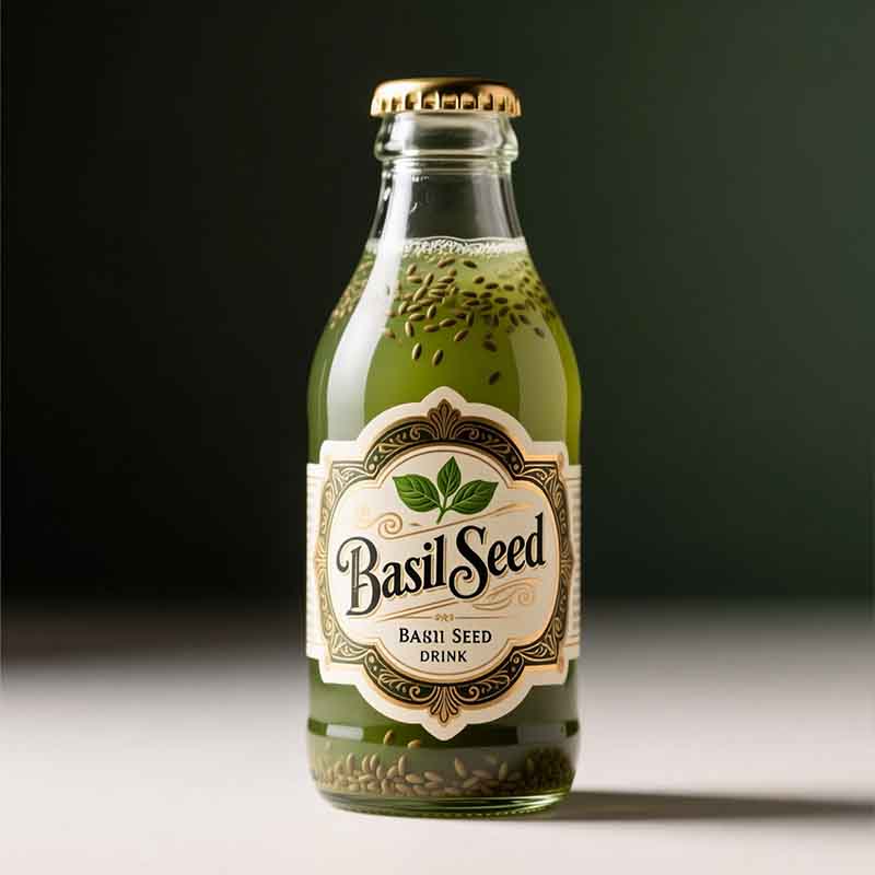 لیبل کلاسیک نوشیدنی تخم شربتی روی بطری شیشهای با طرح سنتی و تزئینات جزئیاتدار