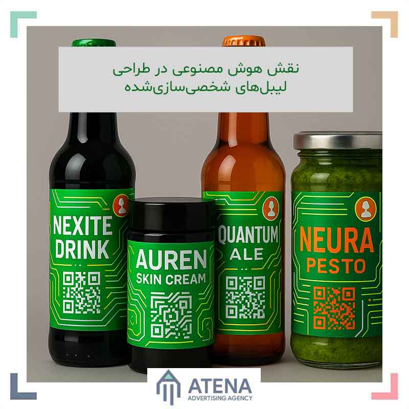 لیبل‌های شخصی‌سازی‌شده مبتنی‌بر هوش مصنوعی روی بطری‌ها و شیشه‌ها با طراحی مدرن، رنگ‌های سبز فسفری، نارنجی و نقره‌ای. حس تکنولوژی و شخصی‌سازی